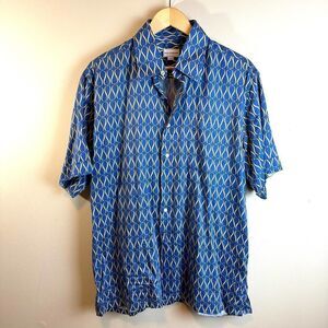 Maus & Hoffman VTG Blue Patterned‎ Button Up Short Sleeve Shirt L Read